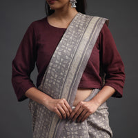 Grey - Merino Wool Block Print Ajrakh Saree with Tassels 02