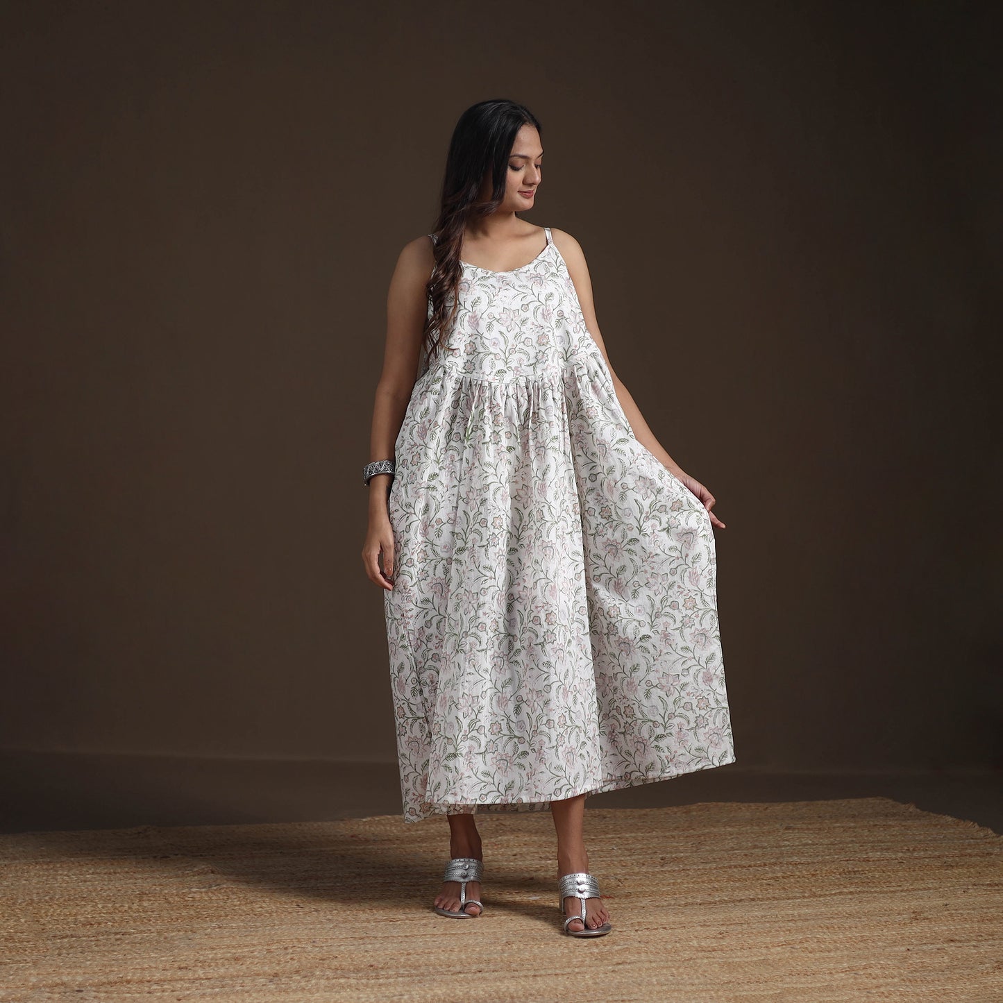 Sanganeri Floral Hand Block Print Cotton Flared Long Dress for Women 14