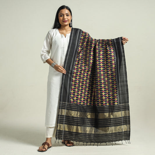 Multicolor - Handwoven Pochampally Ikat Pure Mulberry Silk Dupatta with Tassels