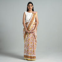 Yellow - Sanganeri Block Printed Chanderi Silk Saree with Zari Border