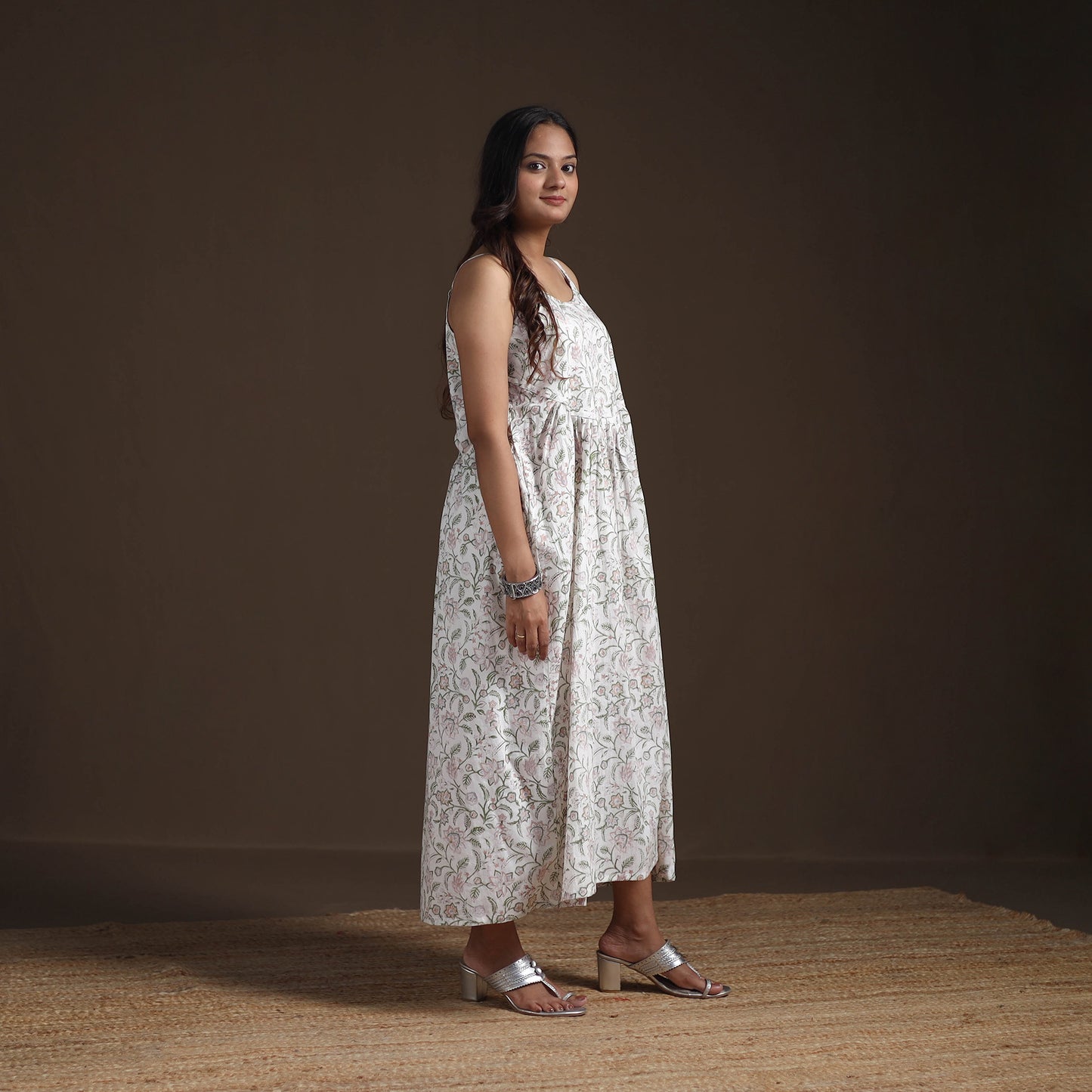 Sanganeri Floral Hand Block Print Cotton Flared Long Dress for Women 14