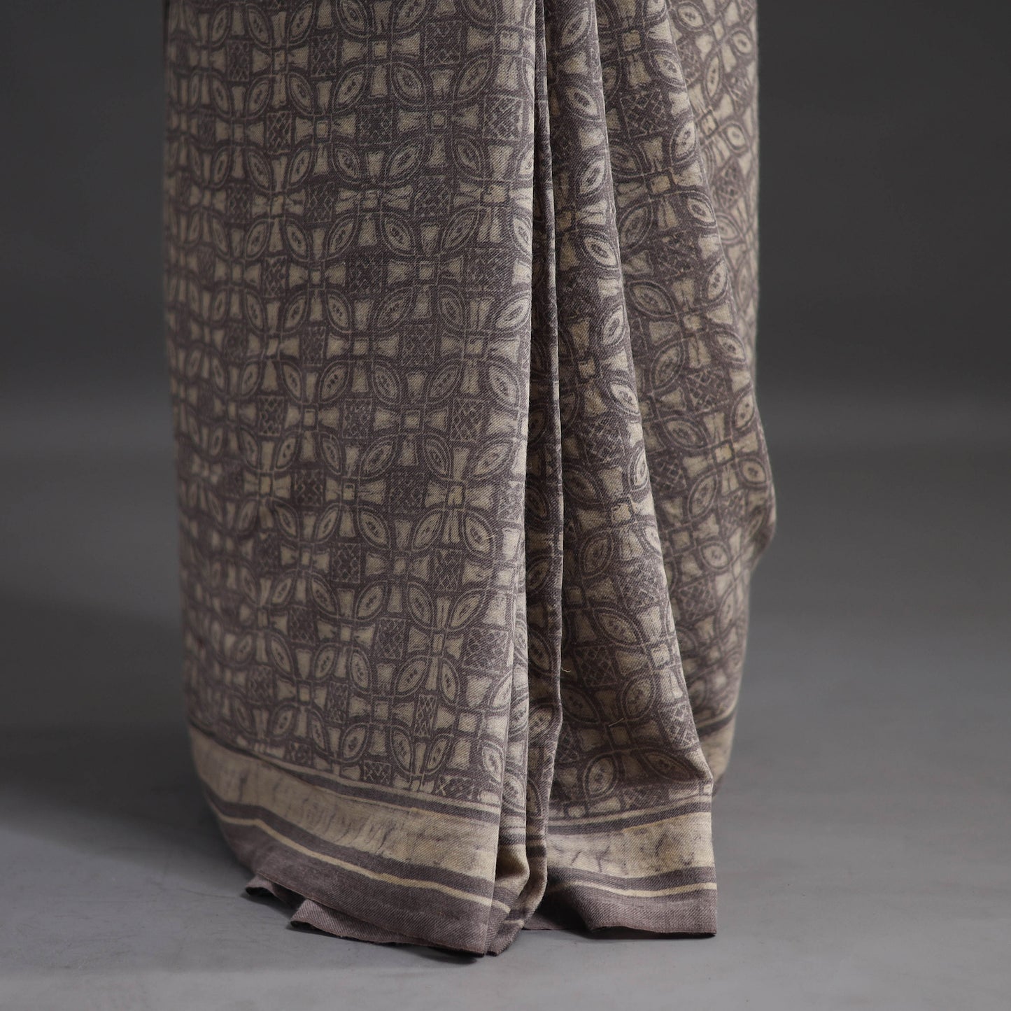 Grey - Merino Wool Block Print Ajrakh Saree with Tassels 02