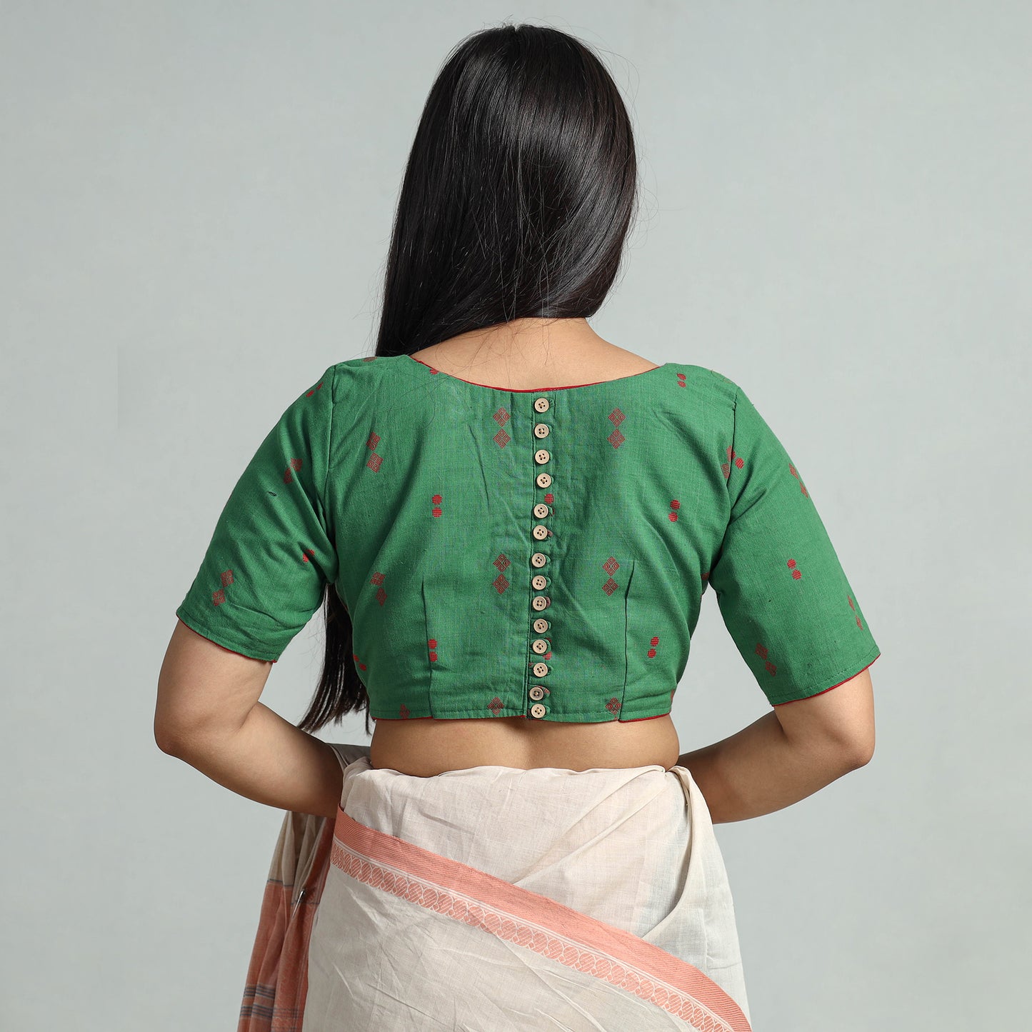 Green - Jacquard Weave Cotton Stitched Blouse 06