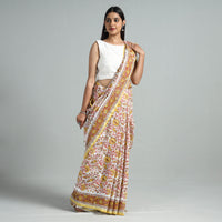 Yellow - Sanganeri Block Printed Chanderi Silk Saree with Zari Border