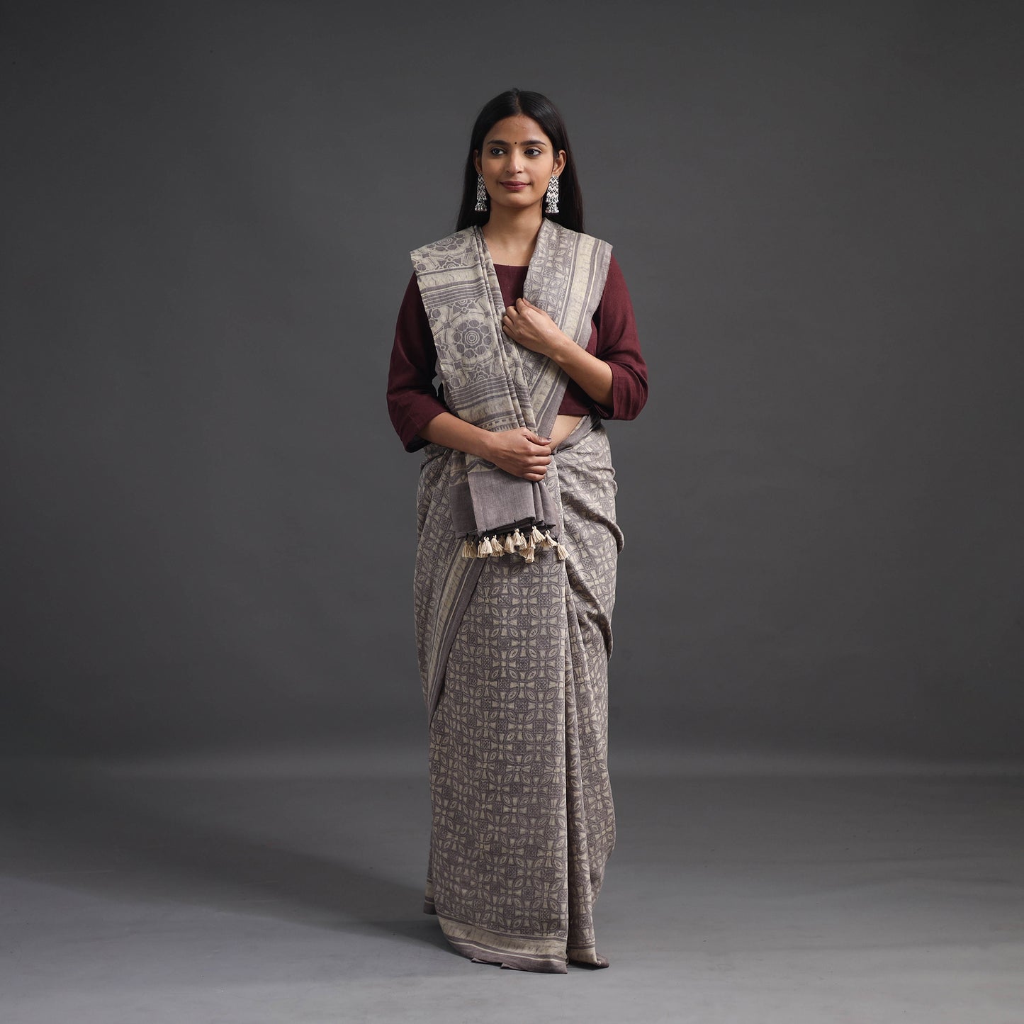 Grey - Merino Wool Block Print Ajrakh Saree with Tassels 02