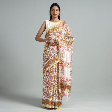 Yellow - Sanganeri Block Printed Chanderi Silk Saree with Zari Border