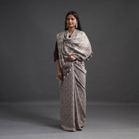 Grey - Merino Wool Block Print Ajrakh Saree with Tassels 02