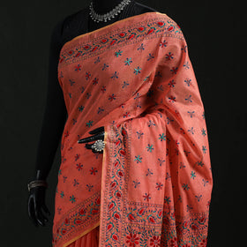Peach - Bengal Kantha Hand Embroidery Silk Cotton Chapa Work Saree 42