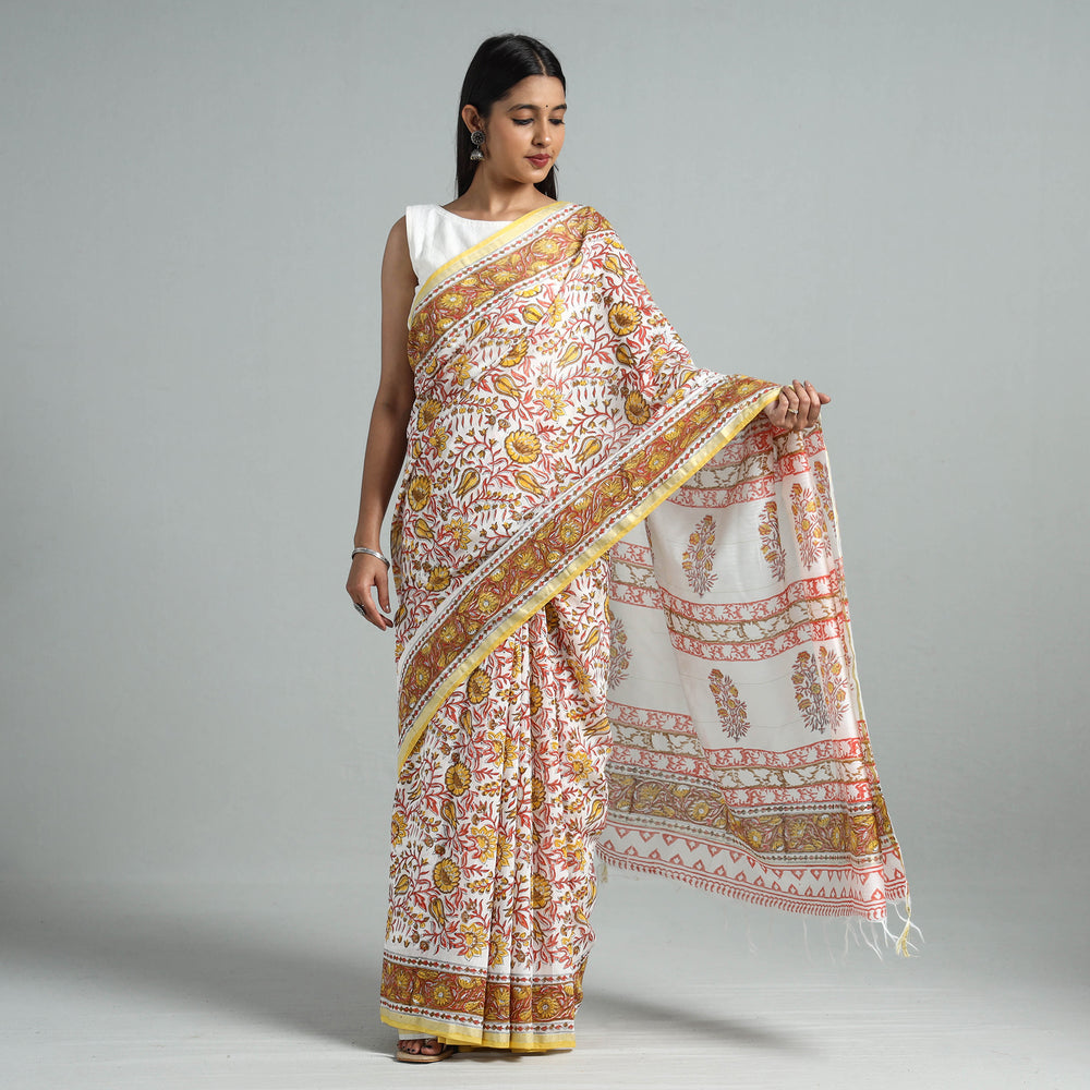 Yellow - Sanganeri Block Printed Chanderi Silk Saree with Zari Border