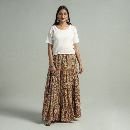 Yellow - Sanganeri Block Printed Tiered Cotton Long Skirt