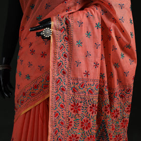 Peach - Bengal Kantha Hand Embroidery Silk Cotton Chapa Work Saree 42