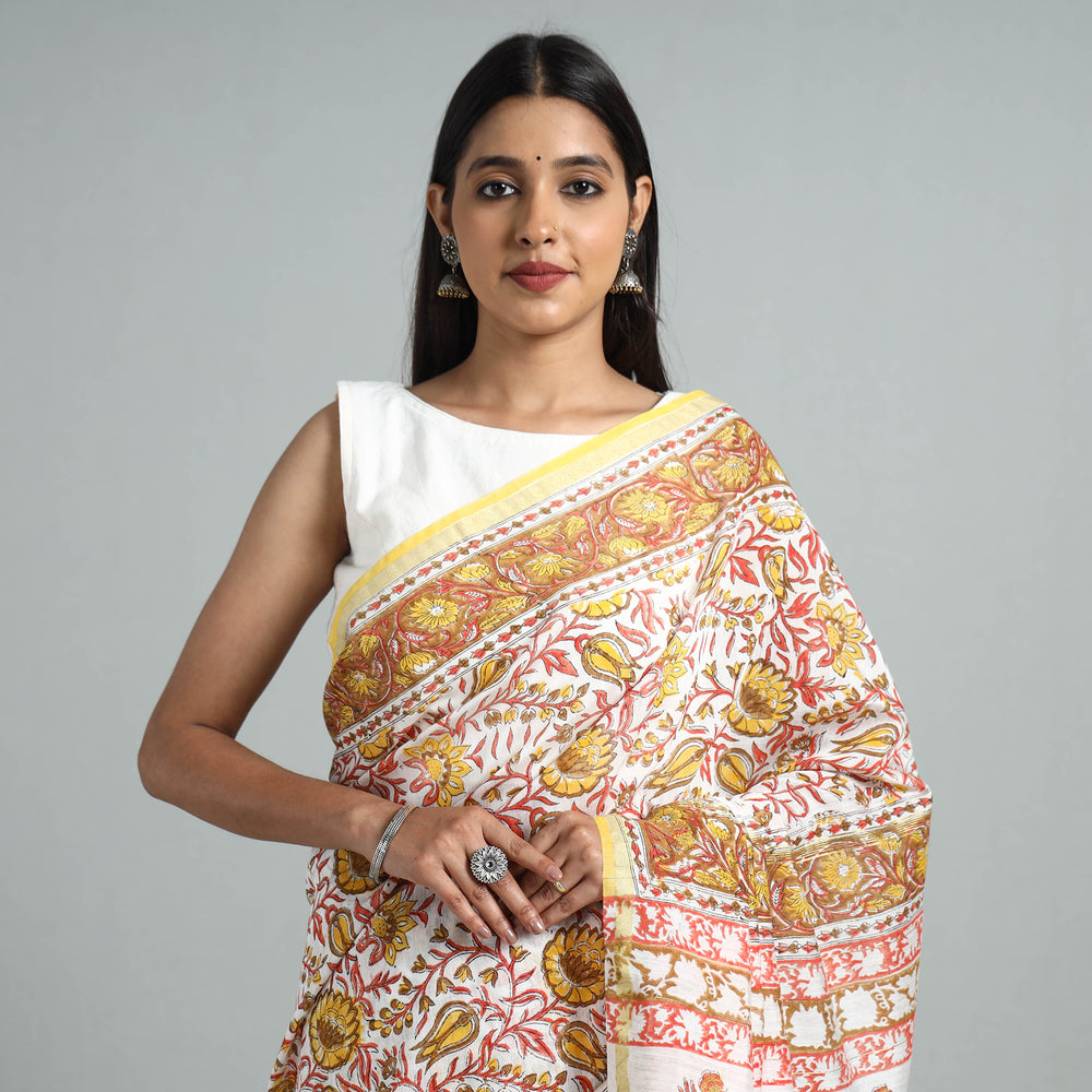 Yellow - Sanganeri Block Printed Chanderi Silk Saree with Zari Border