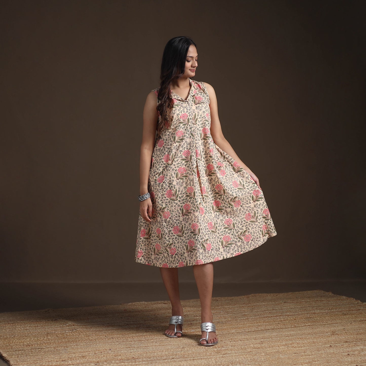 Sanganeri Floral Hand Block Print Cotton Flared Dress for Women 17