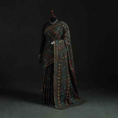 Black - Bengal Kantha Hand Embroidery Silk Cotton Chapa Work Saree 43
