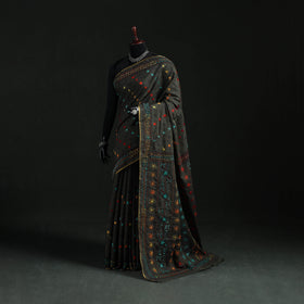 Black - Bengal Kantha Hand Embroidery Silk Cotton Chapa Work Saree 43