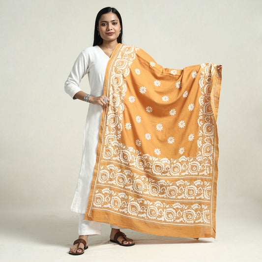 Brown - Bolpur Kantha Embroidery Cotton Handloom Dupatta with Tassels