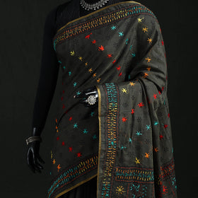 Black - Bengal Kantha Hand Embroidery Silk Cotton Chapa Work Saree 43