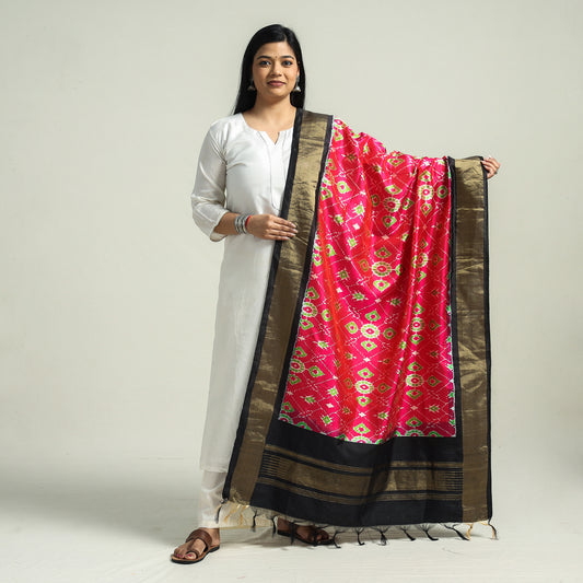 Pink - Pochampally Double Ikat Handloom Pure Silk Dupatta with Zari Border