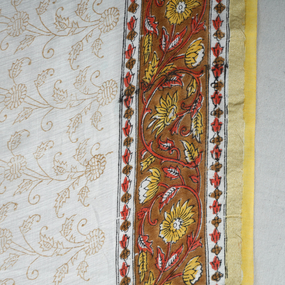 Yellow - Sanganeri Block Printed Chanderi Silk Saree with Zari Border