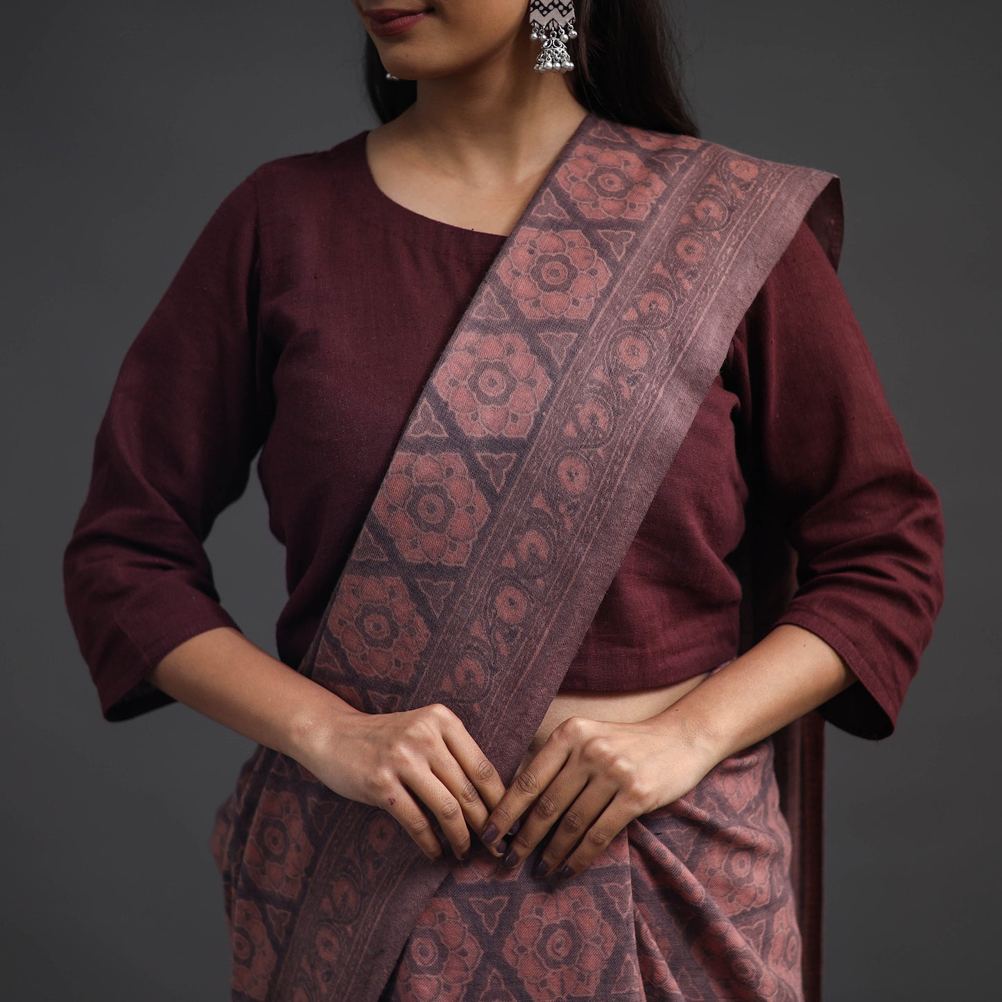 Brown - Merino Wool Block Print Ajrakh Saree with Tassels 03