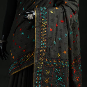 Black - Bengal Kantha Hand Embroidery Silk Cotton Chapa Work Saree 43
