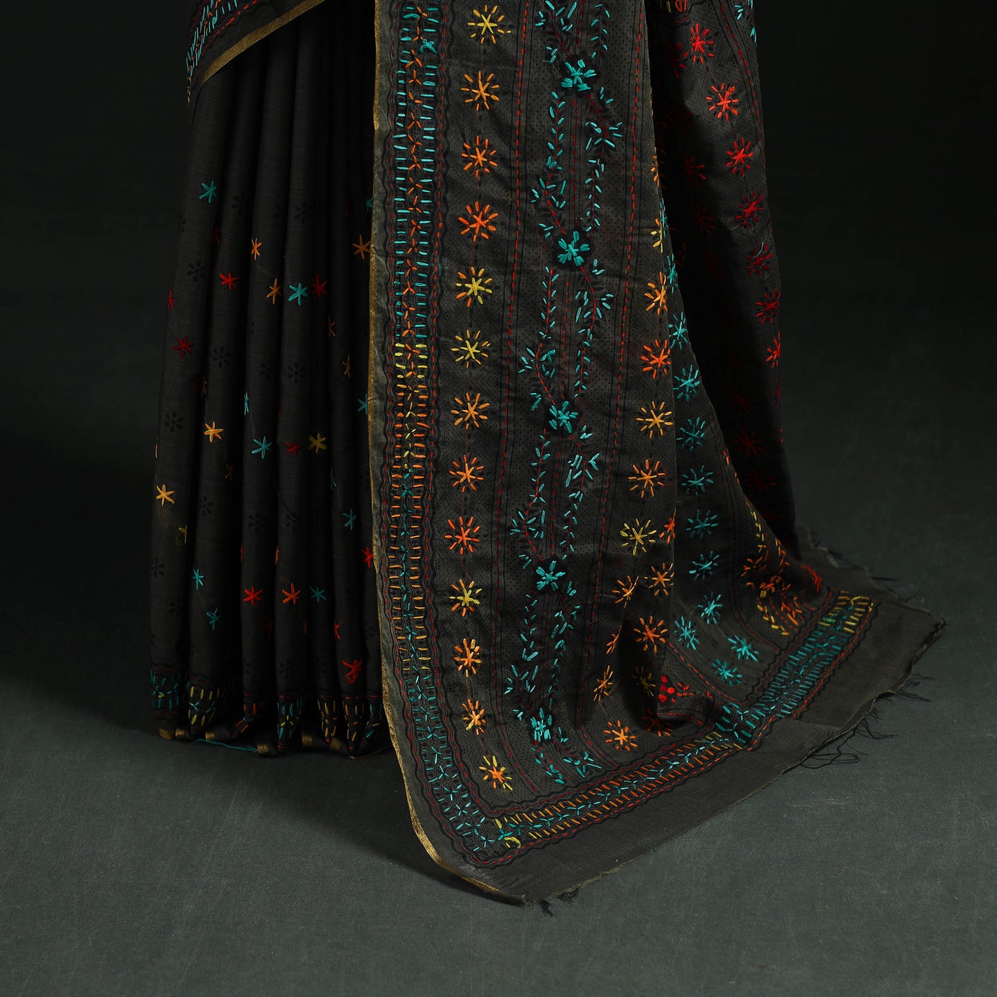 Black - Bengal Kantha Hand Embroidery Silk Cotton Chapa Work Saree 43