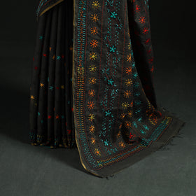 Black - Bengal Kantha Hand Embroidery Silk Cotton Chapa Work Saree 43