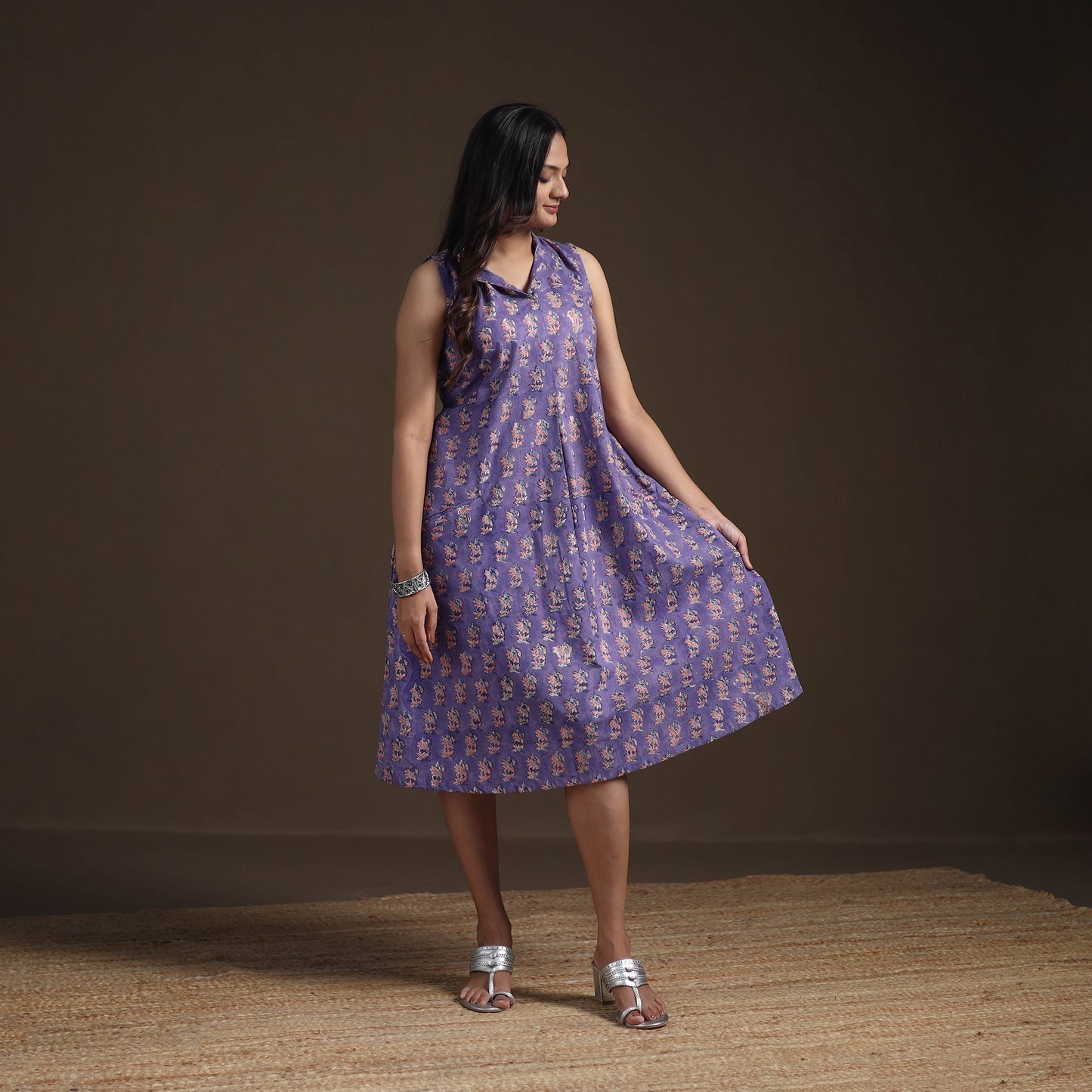 Sanganeri Floral Hand Block Print Cotton Flared Dress for Women 18