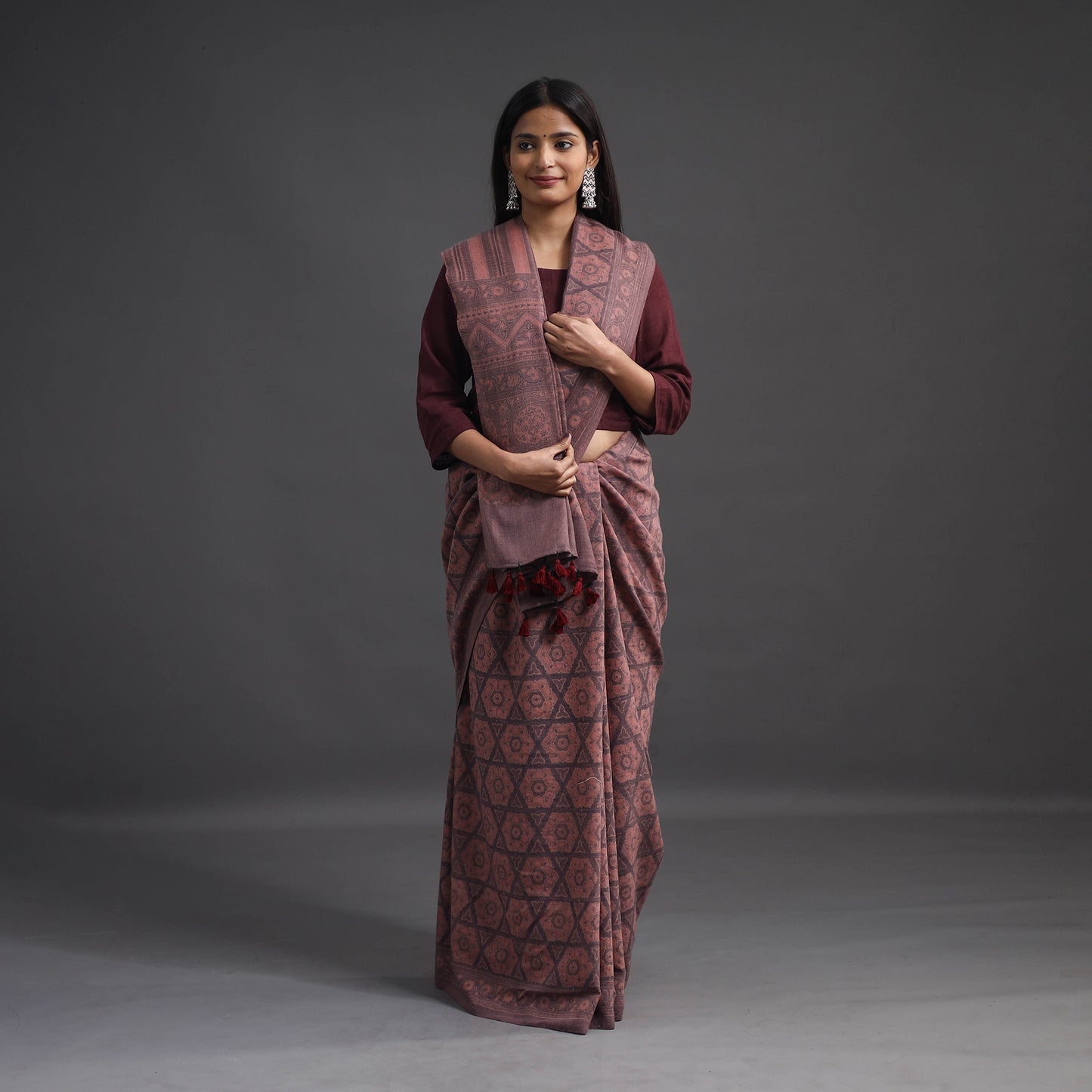 Brown - Merino Wool Block Print Ajrakh Saree with Tassels 03