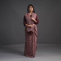 Brown - Merino Wool Block Print Ajrakh Saree with Tassels 03