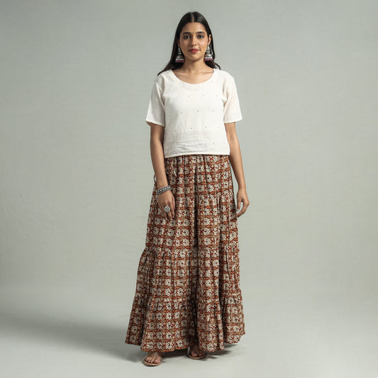 Brown - Sanganeri Block Printed Tiered Cotton Long Skirt