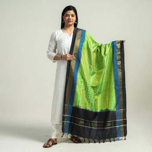Green - Pochampally Ikat Handloom Pure Silk Dupatta with Zari Border
