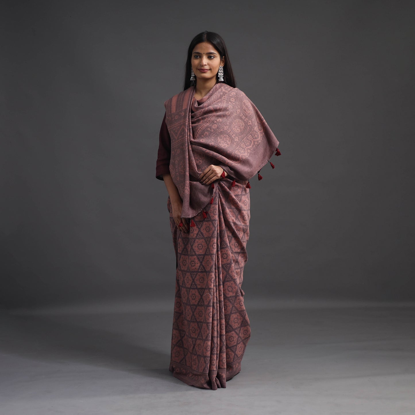 Brown - Merino Wool Block Print Ajrakh Saree with Tassels 03