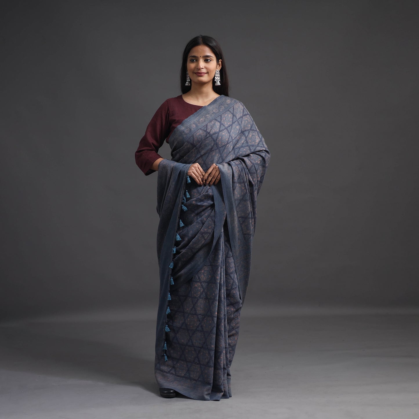 Blue - Merino Wool Block Print Ajrakh Saree with Tassels 04