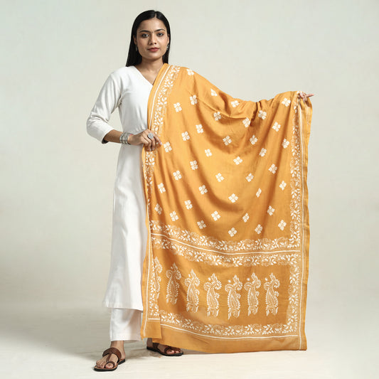 Brown - Bolpur Kantha Embroidery Cotton Handloom Dupatta with Tassels