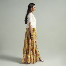 Yellow - Sanganeri Block Printed Tiered Cotton Long Skirt