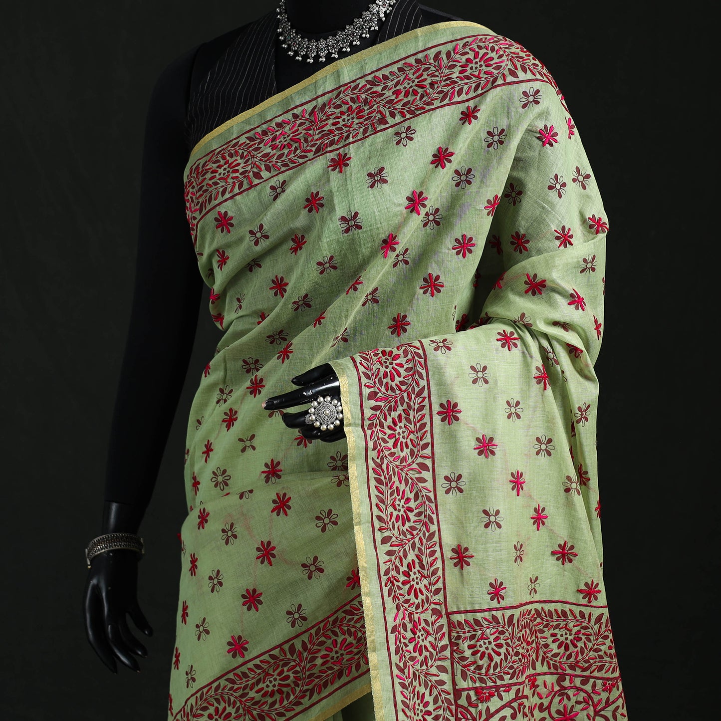 Green - Bengal Kantha Hand Embroidery Silk Cotton Chapa Work Saree 45