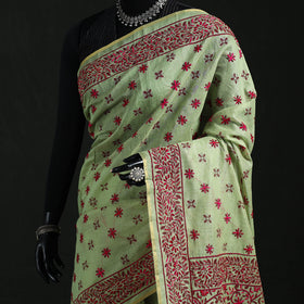 Green - Bengal Kantha Hand Embroidery Silk Cotton Chapa Work Saree 45