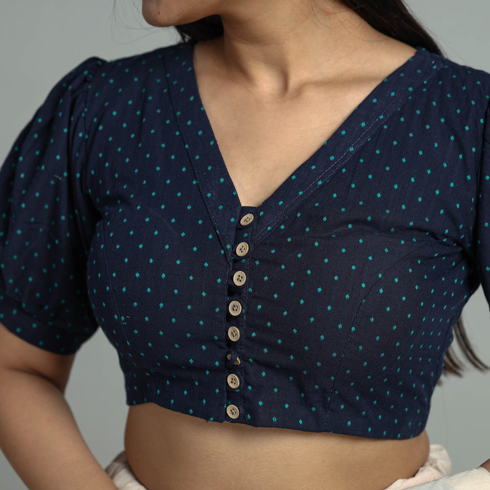 Blue - Jacquard Weave Cotton Stitched Blouse 13