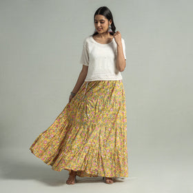 Yellow - Sanganeri Block Printed Tiered Cotton Long Skirt