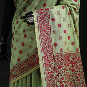 Green - Bengal Kantha Hand Embroidery Silk Cotton Chapa Work Saree 45