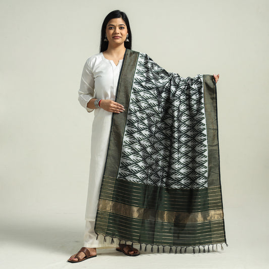 Green - Pochampally Ikat Handloom Pure Silk Dupatta with Zari Border