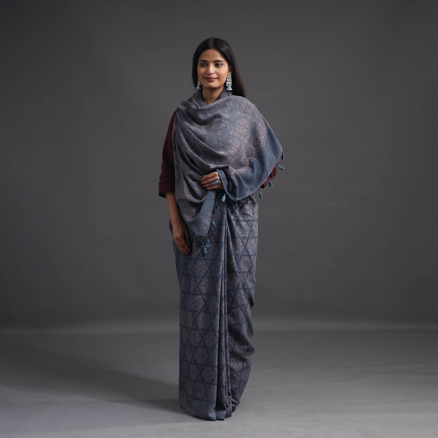 Blue - Merino Wool Block Print Ajrakh Saree with Tassels 04