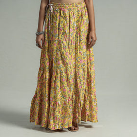 Yellow - Sanganeri Block Printed Tiered Cotton Long Skirt