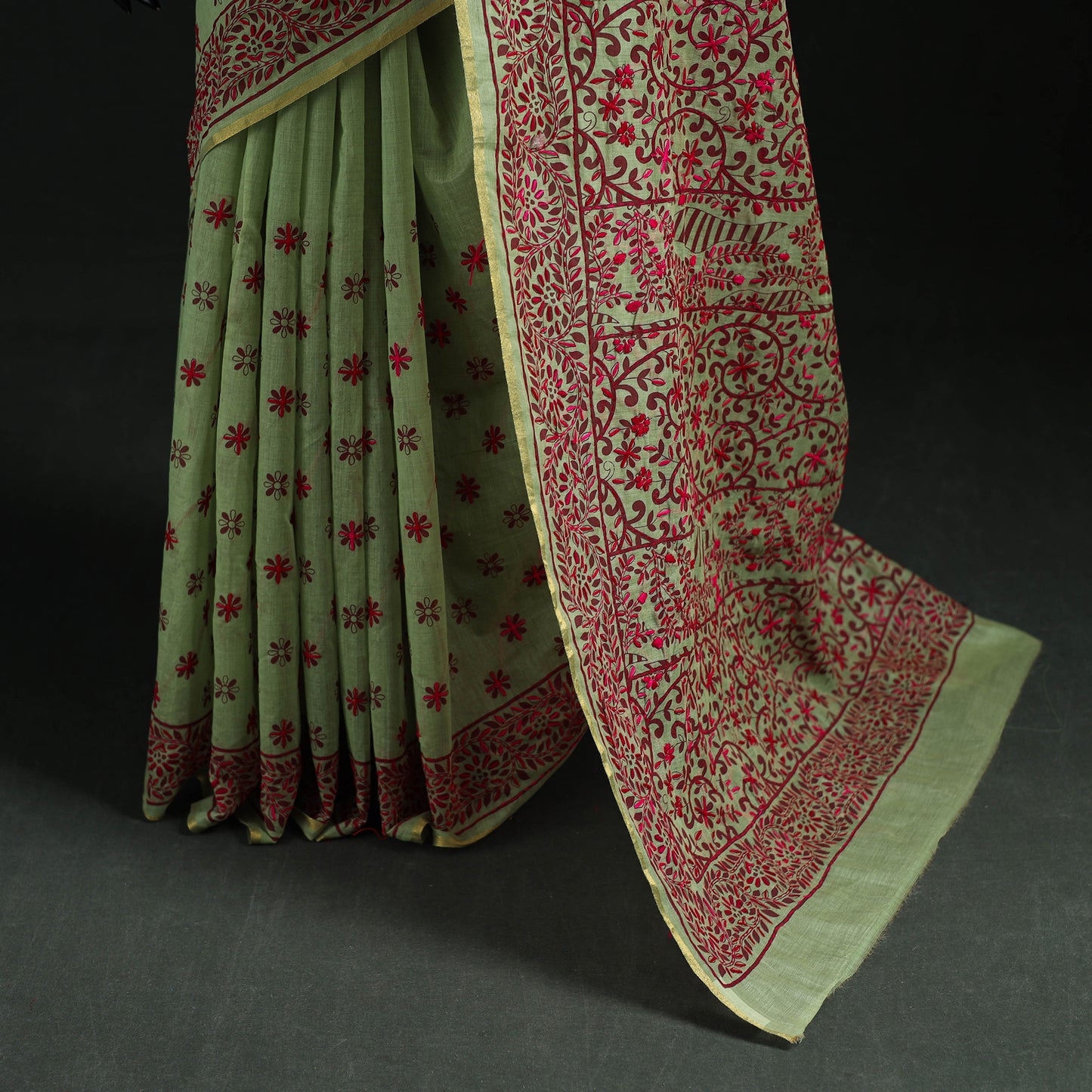 Green - Bengal Kantha Hand Embroidery Silk Cotton Chapa Work Saree 45