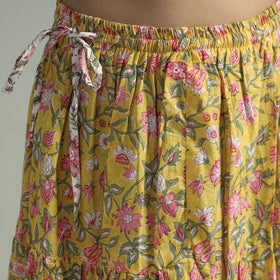 Yellow - Sanganeri Block Printed Tiered Cotton Long Skirt