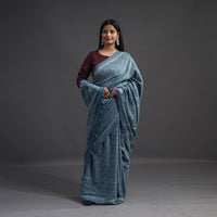 Blue - Merino Wool Block Print Ajrakh Saree with Tassels 05