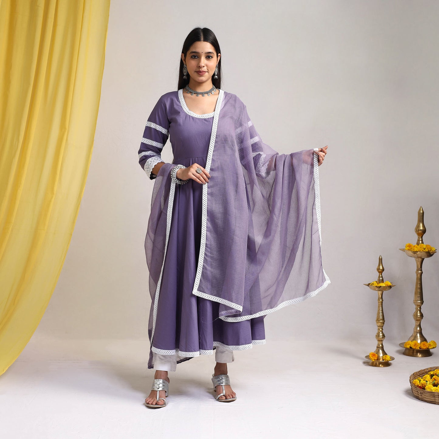 Lace Work Iris Purple Plain Cotton Anarkali Kurta with Dupatta Set