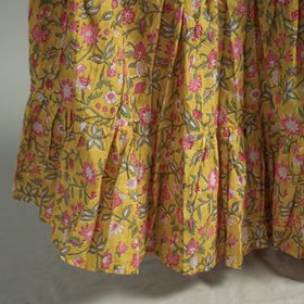 Yellow - Sanganeri Block Printed Tiered Cotton Long Skirt