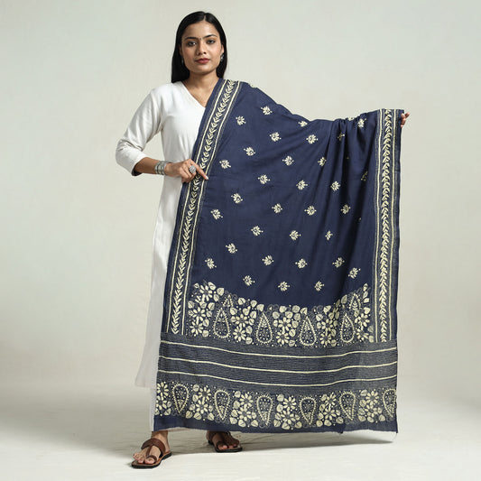 Blue - Bolpur Kantha Embroidery Cotton Handloom Dupatta with Tassels